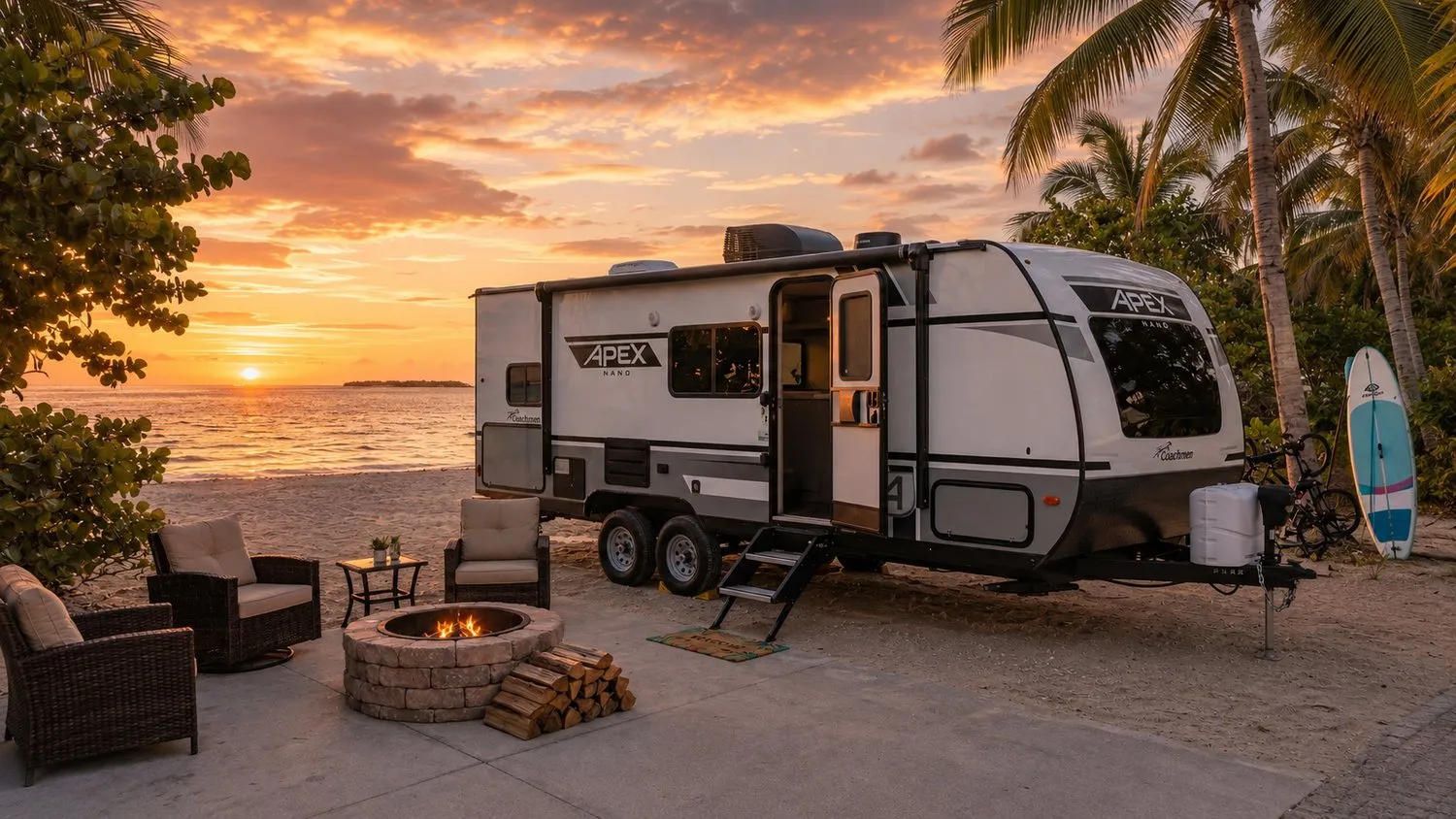 A travel trailer set up at a beachfront campsite with a fire pit at sunset.
