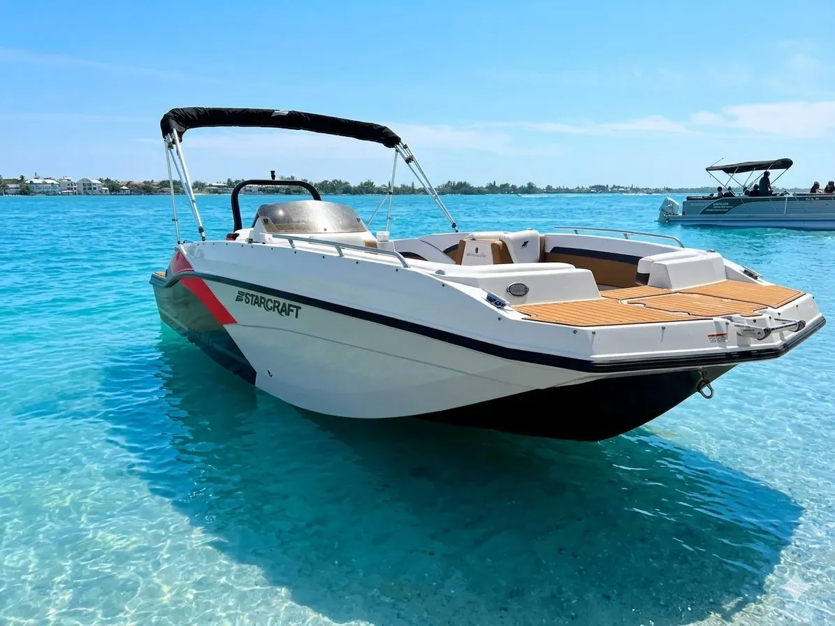A Boss Life Rentals deck boat anchored on calm turquoise water in Sarasota.